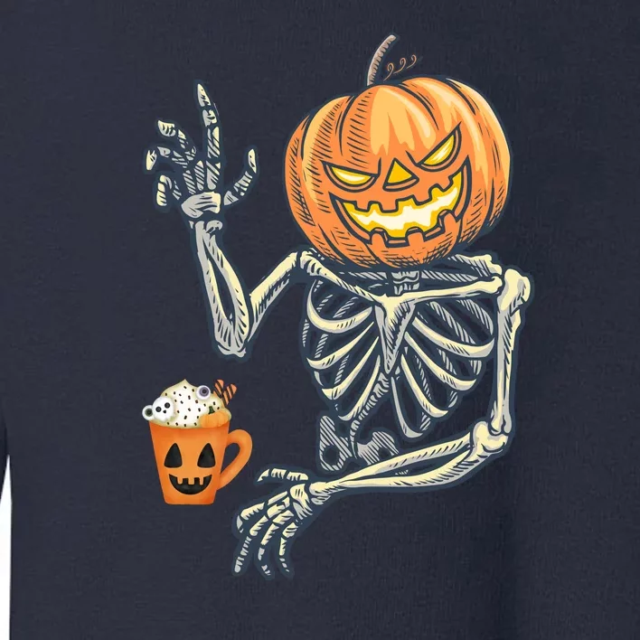 Pumpkin Skeleton Drinking Coffee Toddler Sweatshirt