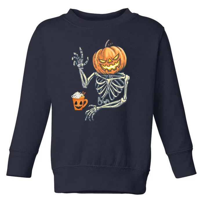 Pumpkin Skeleton Drinking Coffee Toddler Sweatshirt