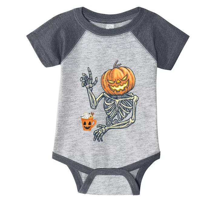 Pumpkin Skeleton Drinking Coffee Infant Baby Jersey Bodysuit