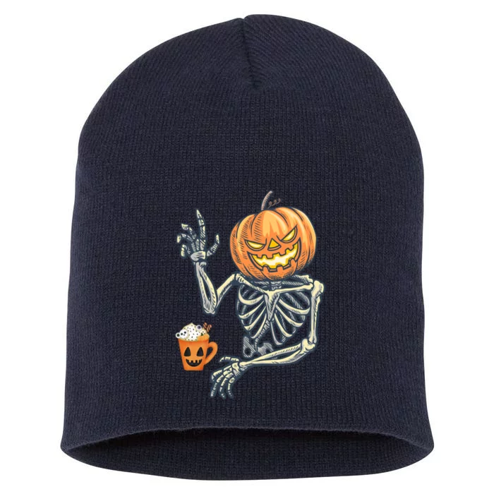 Pumpkin Skeleton Drinking Coffee Short Acrylic Beanie