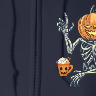 Pumpkin Skeleton Drinking Coffee Full Zip Hoodie