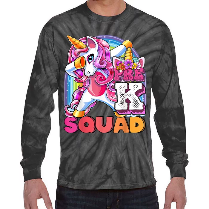 PreK Squad Dabbing Unicorn Back To School Girl Gift Tie-Dye Long Sleeve Shirt