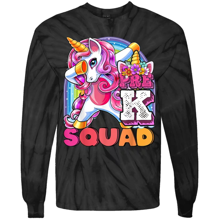 PreK Squad Dabbing Unicorn Back To School Girl Gift Tie-Dye Long Sleeve Shirt