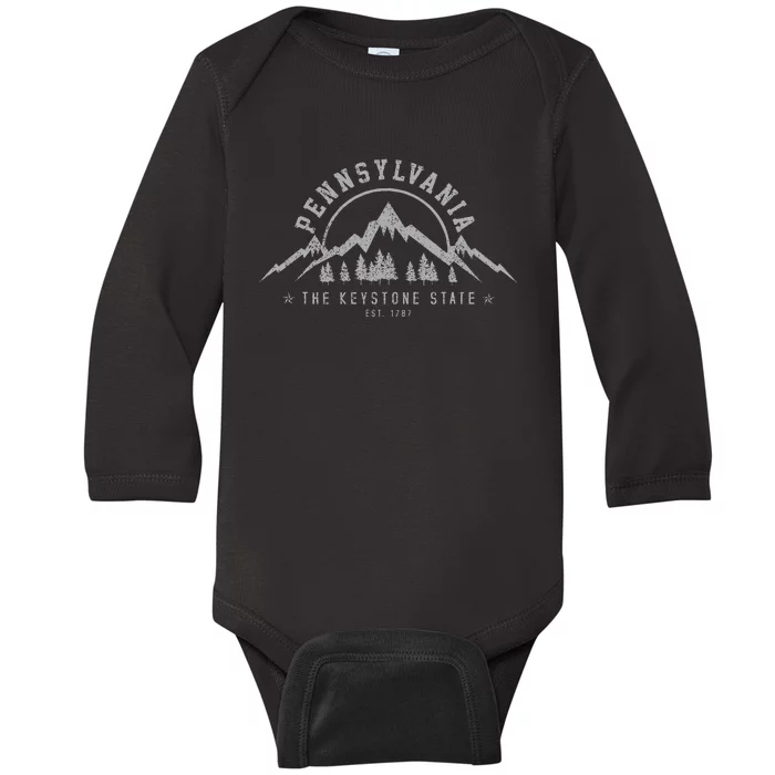 Pennsylvania State Est. 1787 Vintage Mountains Baby Long Sleeve Bodysuit