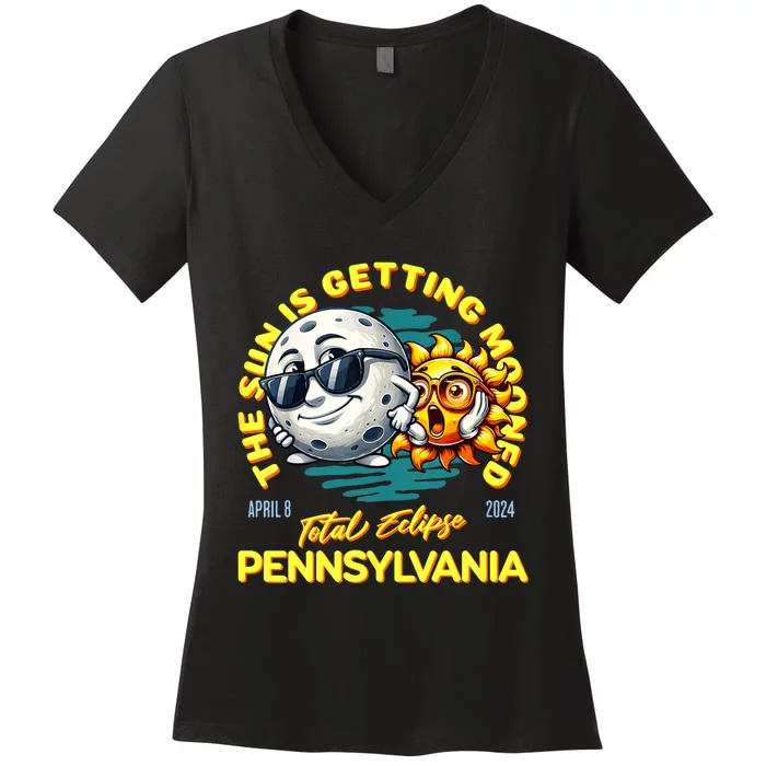 Pennsylvania Solar Eclipse Apr 8 2024 Sun Is Getting Mooned Women's V-Neck T-Shirt