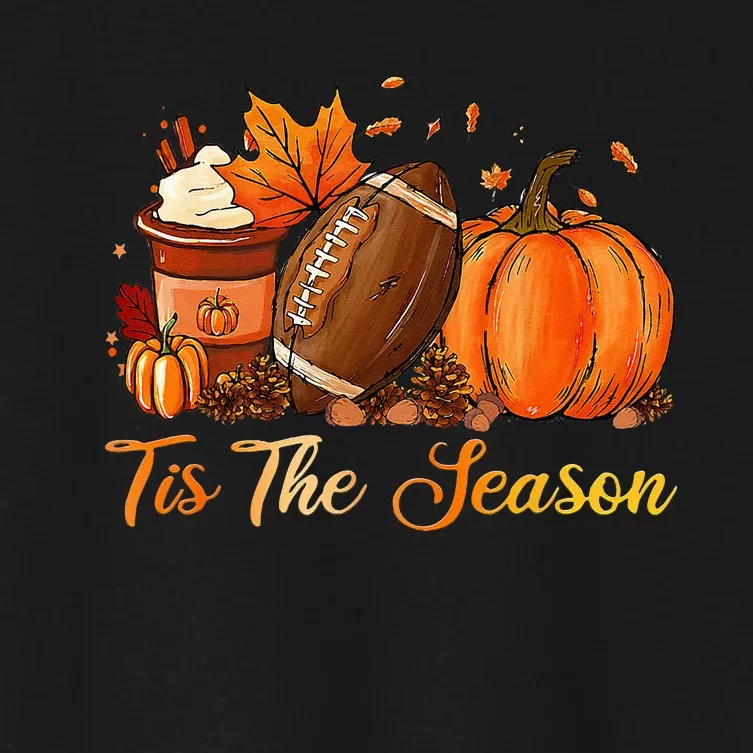 Pumpkin Spice Football Tis The Season Fall Thanksgiving Long Women's Crop Top Tee