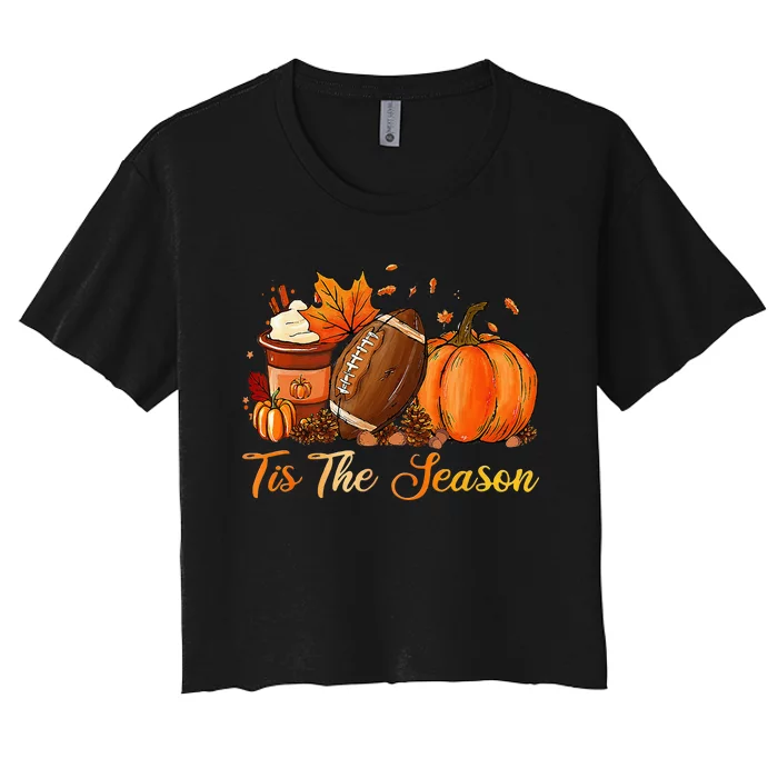 Pumpkin Spice Football Tis The Season Fall Thanksgiving Long Women's Crop Top Tee