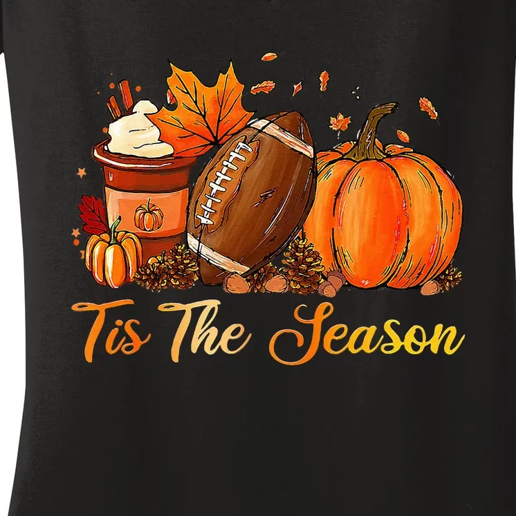 Pumpkin Spice Football Tis The Season Fall Thanksgiving Women's V-Neck T-Shirt