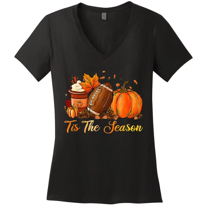 Pumpkin Spice Football Tis The Season Fall Thanksgiving Women's V-Neck T-Shirt