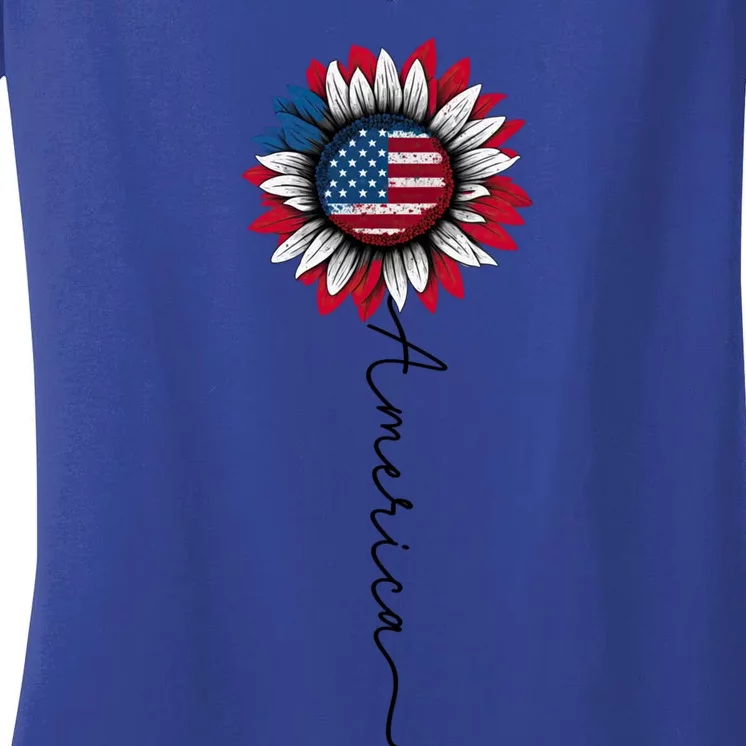 Patriotic Sunflower Flag With America Stem 4th Of July Gift Women's V-Neck T-Shirt