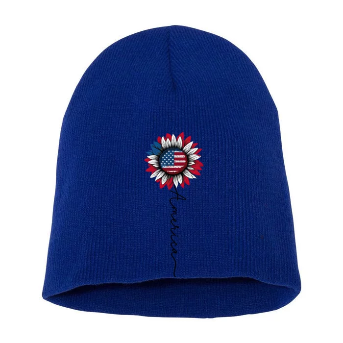 Patriotic Sunflower Flag With America Stem 4th Of July Gift Short Acrylic Beanie