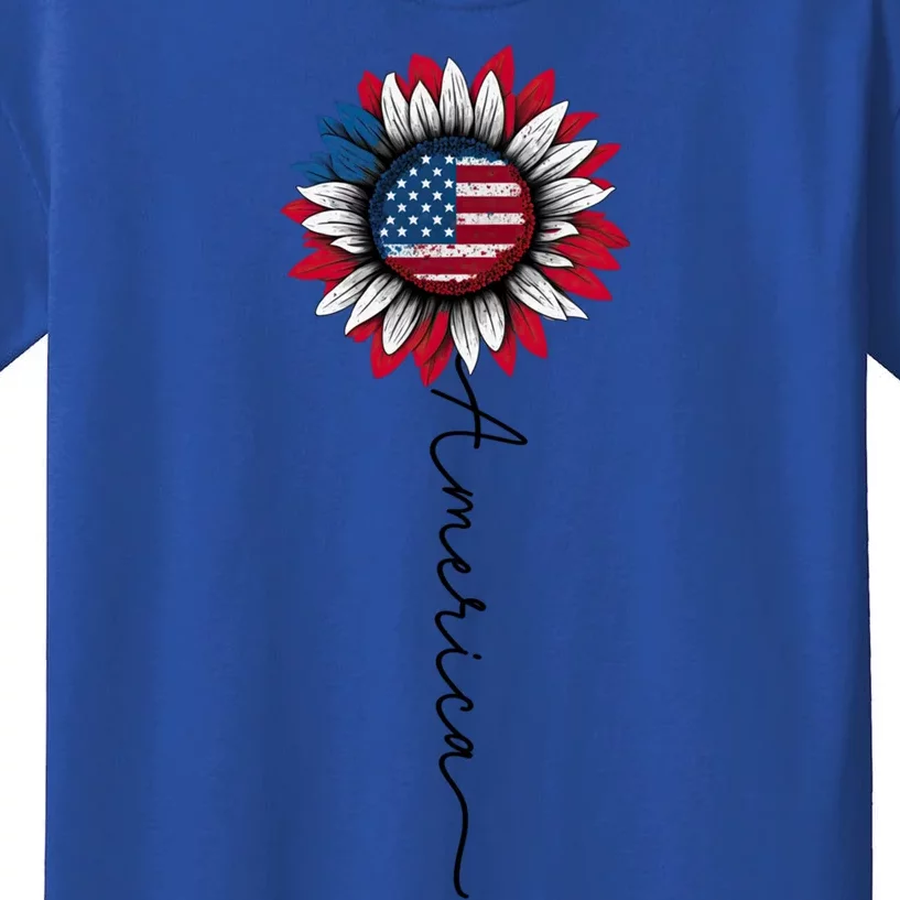 Patriotic Sunflower Flag With America Stem 4th Of July Gift Kids T-Shirt