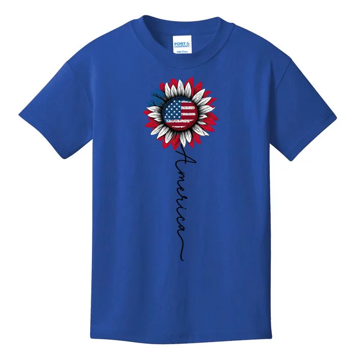 Patriotic Sunflower Flag With America Stem 4th Of July Gift Kids T-Shirt