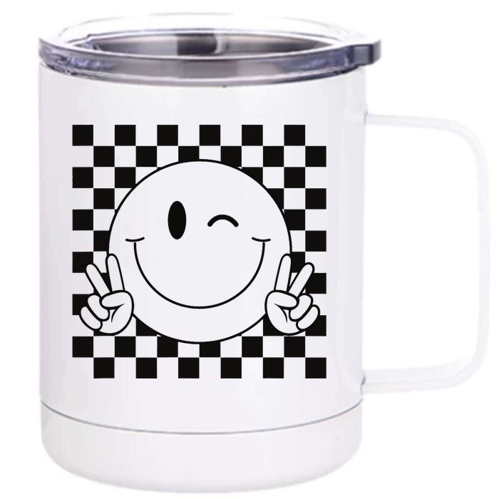 Peace Smile Face Cute Checkered Pattern Smiling Happy Front & Back 12oz Stainless Steel Tumbler Cup