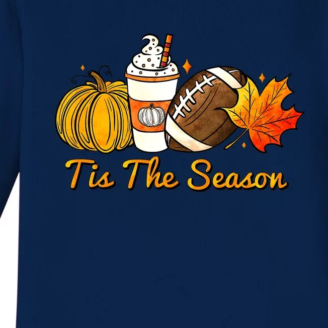 Pumpkin Spice Football Tis The Season Fall Thanksgiving Gift Baby Long Sleeve Bodysuit