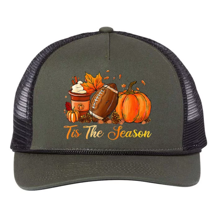 Pumpkin Spice Football Tis The Season Fall Thanksgiving Long Retro Rope Trucker Hat Cap