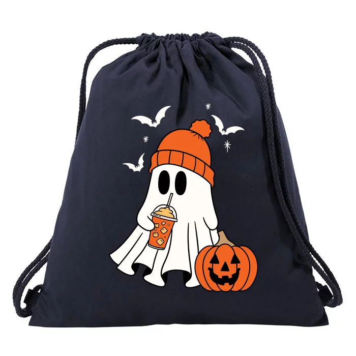 Pumpkin Spice Ghost Spooky Season Drawstring Bag