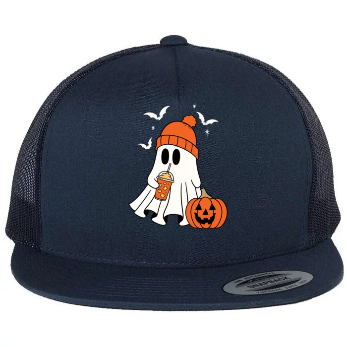 Pumpkin Spice Ghost Spooky Season Flat Bill Trucker Hat