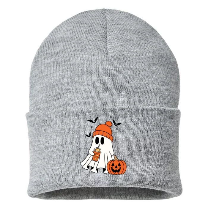 Pumpkin Spice Ghost Spooky Season Sustainable Knit Beanie