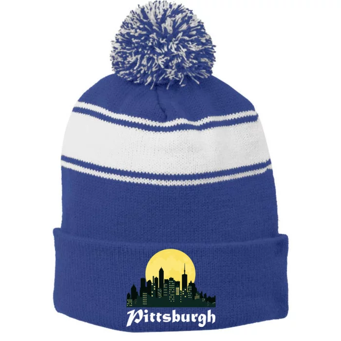 Pittsburgh Skyline Glowing Moon Pittsburgh City Night Stripe Pom Pom Beanie