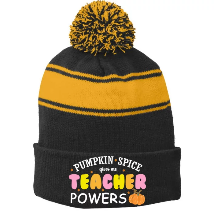 Pumpkin Spice Gives Me Teacher Powers Funny Fall Stripe Pom Pom Beanie