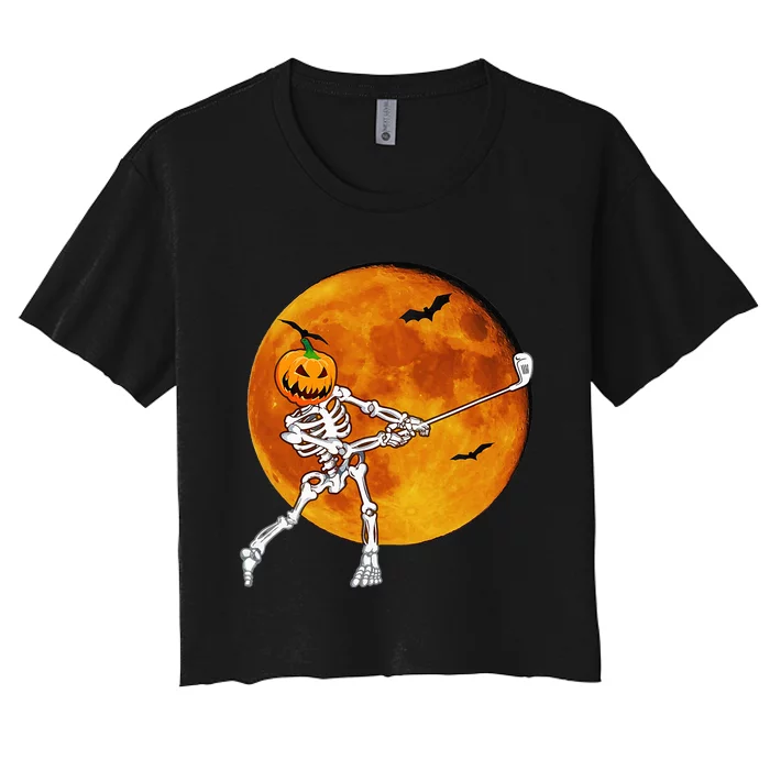 Pumpkin Skeleton Golf Halloween Golfing Golfer Women's Crop Top Tee