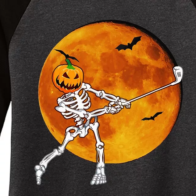 Pumpkin Skeleton Golf Halloween Golfing Golfer Women's Tri-Blend 3/4-Sleeve Raglan Shirt