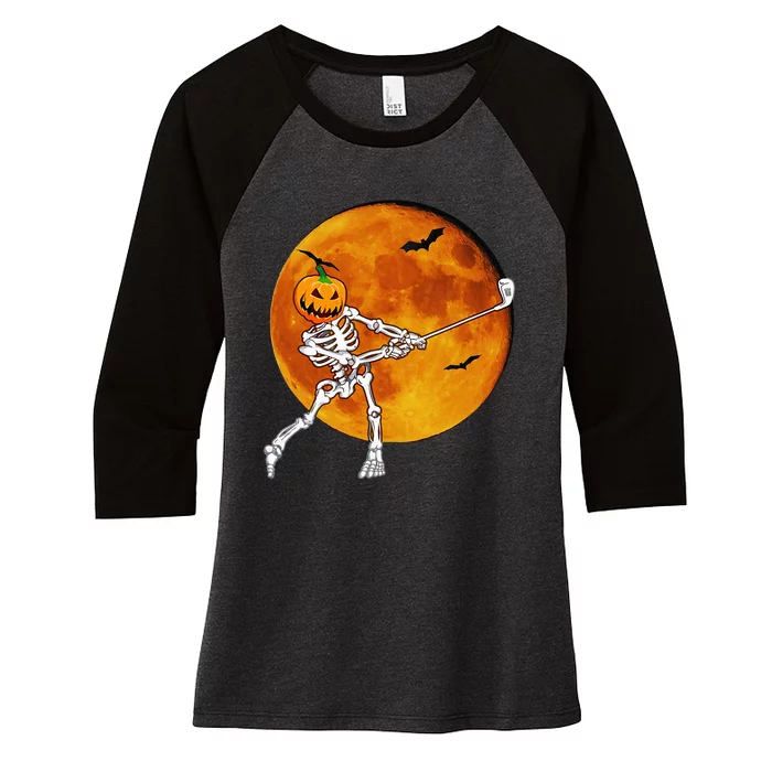 Pumpkin Skeleton Golf Halloween Golfing Golfer Women's Tri-Blend 3/4-Sleeve Raglan Shirt