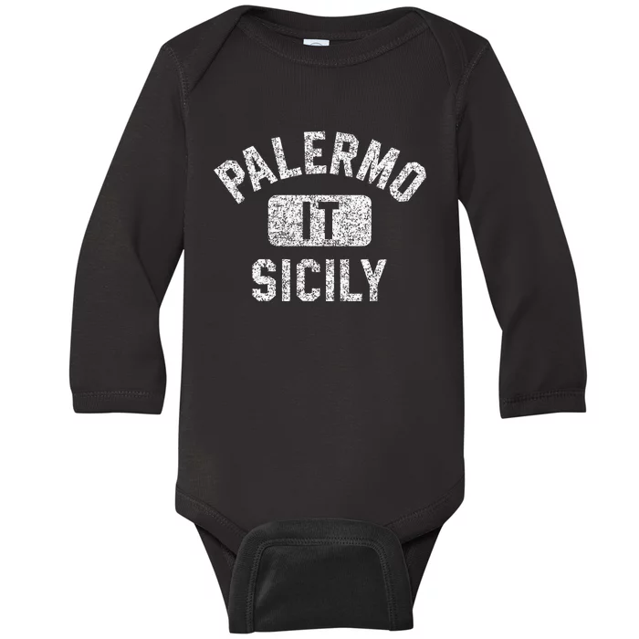 Palermo Sicily Gym Style Distressed White Print Baby Long Sleeve Bodysuit