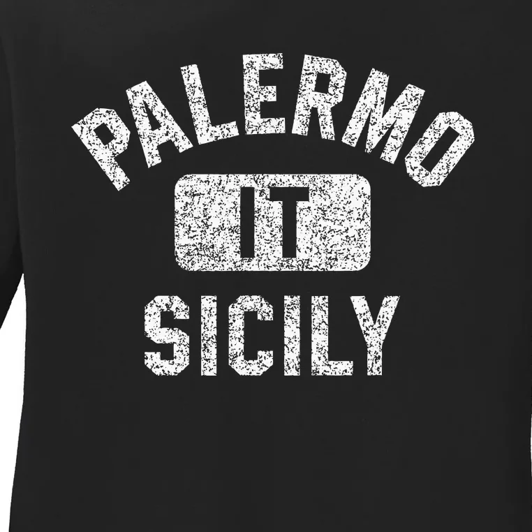 Palermo Sicily Gym Style Distressed White Print Ladies Long Sleeve Shirt