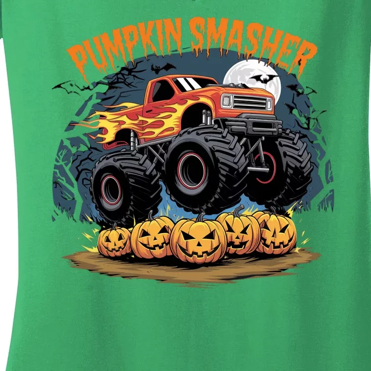 Pumpkin Smasher Halloween Monster Truck Lover Women's V-Neck T-Shirt