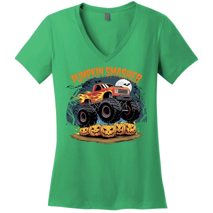 Pumpkin Smasher Halloween Monster Truck Lover Women's V-Neck T-Shirt