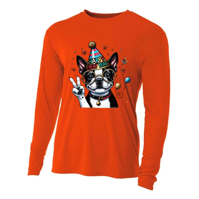 Peace Sign Hand Boston Terrier Happy New Year Gift Cooling Performance Long Sleeve Crew