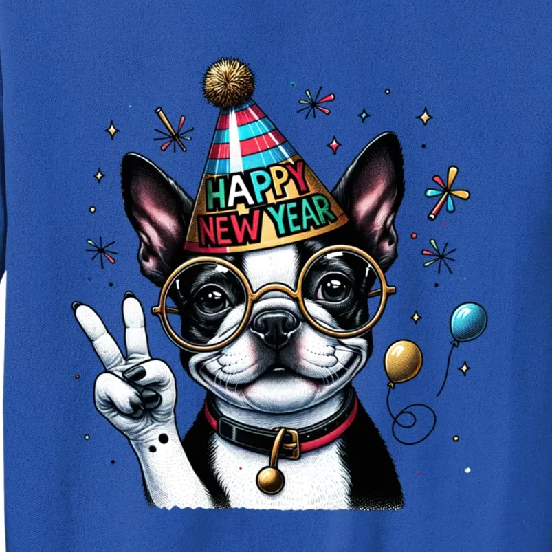 Peace Sign Hand Boston Terrier Happy New Year Gift Tall Sweatshirt