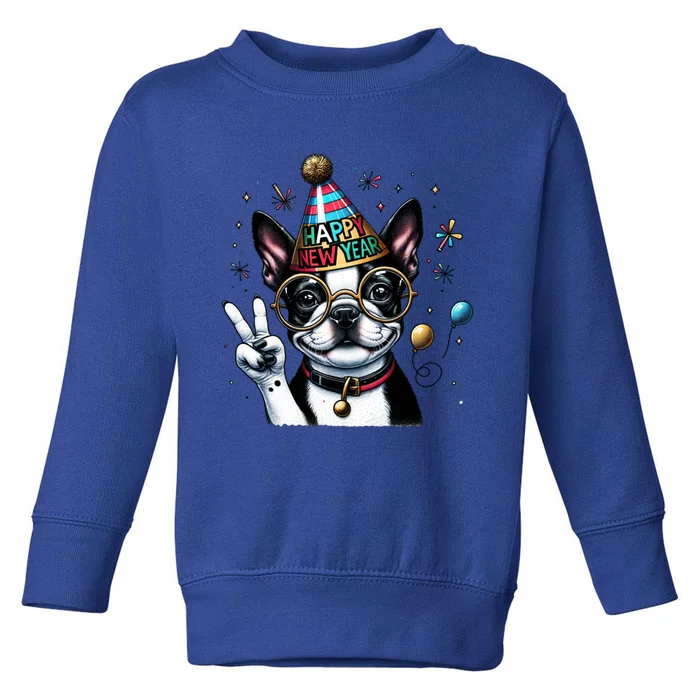 Peace Sign Hand Boston Terrier Happy New Year Gift Toddler Sweatshirt