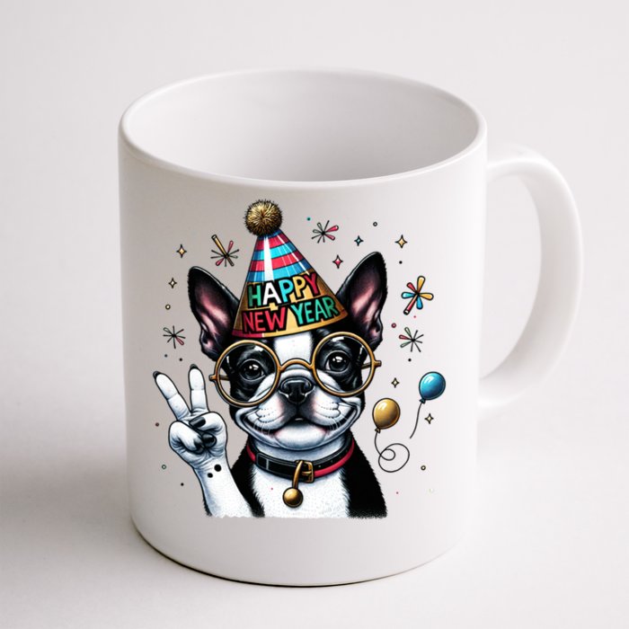 Peace Sign Hand Boston Terrier Happy New Year Gift Front & Back Coffee Mug