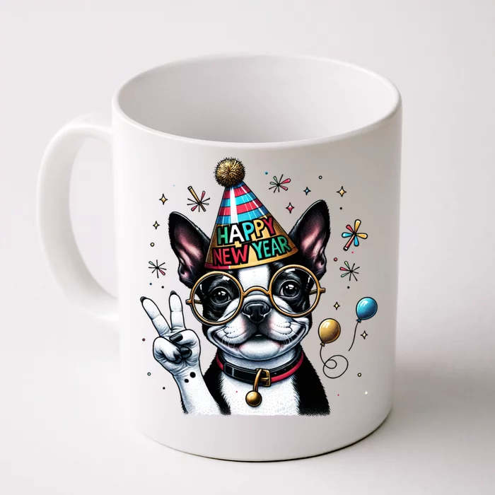 Peace Sign Hand Boston Terrier Happy New Year Gift Front & Back Coffee Mug