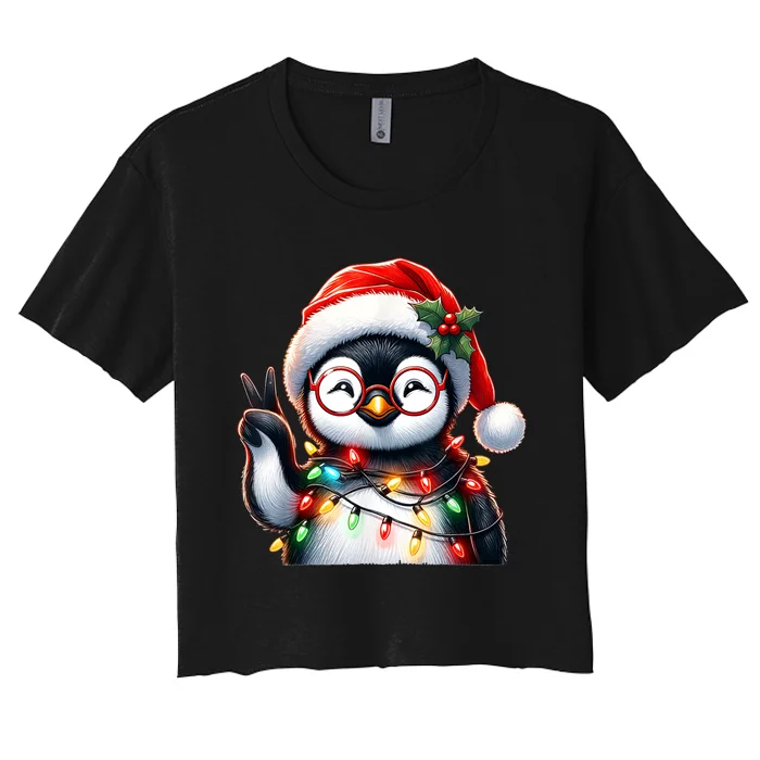 Peace Sign Hand Penguin Santa Christmas Penguin Pajamas Women's Crop Top Tee