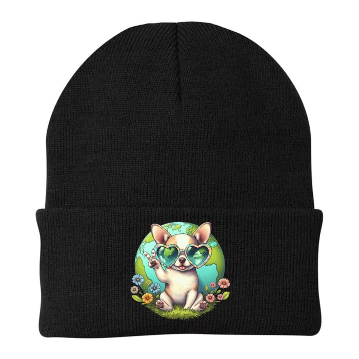 Peace Sign Hand Chihuahua Earth Day Knit Cap Winter Beanie