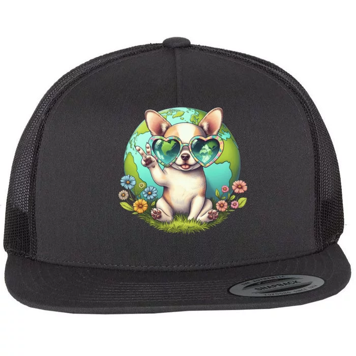 Peace Sign Hand Chihuahua Earth Day Flat Bill Trucker Hat