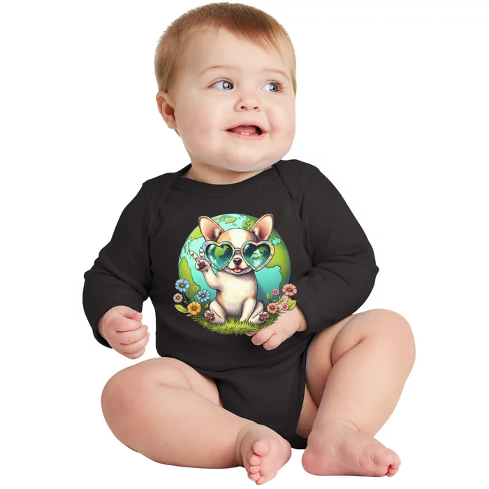 Peace Sign Hand Chihuahua Earth Day Baby Long Sleeve Bodysuit