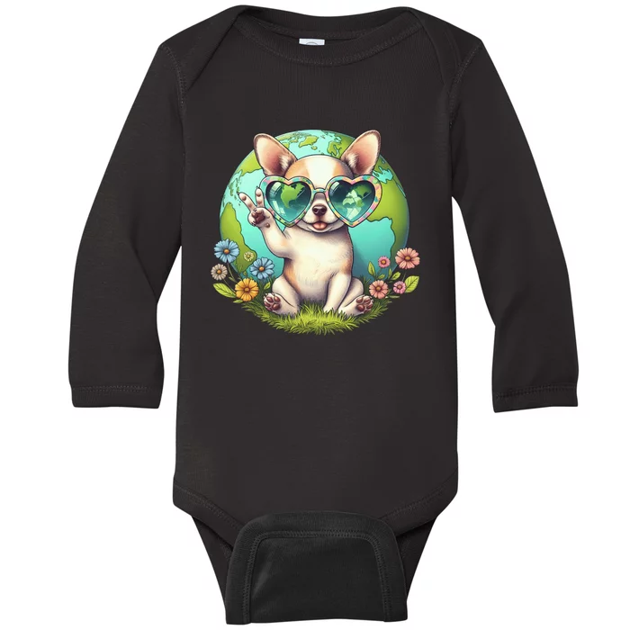 Peace Sign Hand Chihuahua Earth Day Baby Long Sleeve Bodysuit