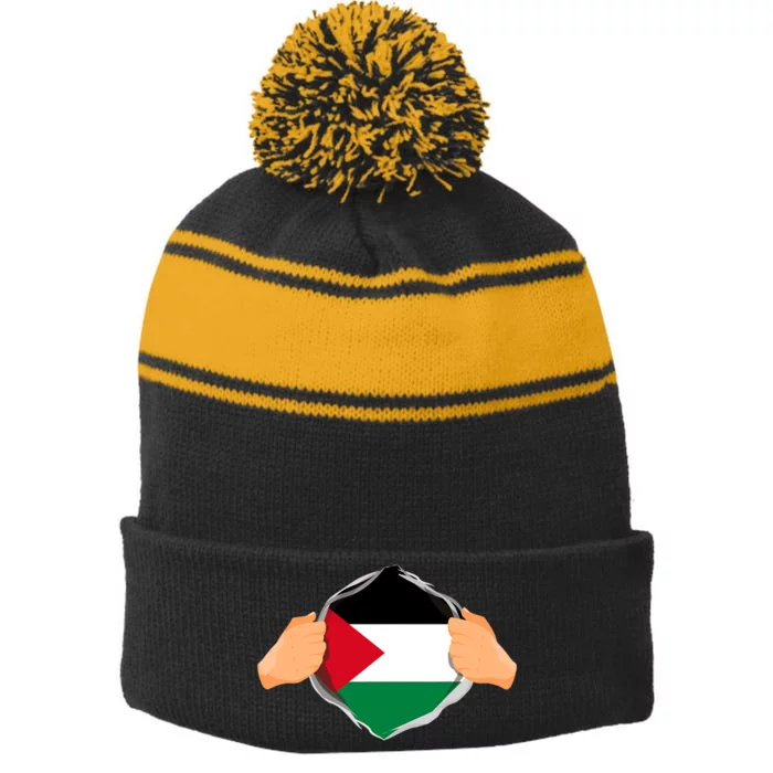 Palestine Super Hero Palestinian Heritage Stripe Pom Pom Beanie