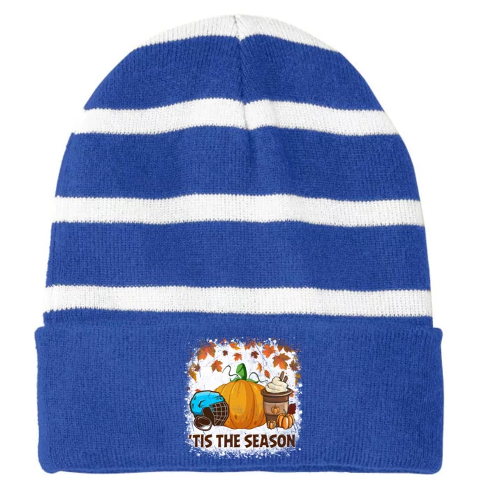 Pumpkin Spice Hockey Tis The Season Fall Thanksgiving Gift Striped Beanie with Solid Band