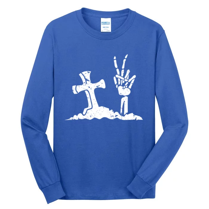 Pocket Skeleton Hand Peace Sign Scary Cool Halloween Hippie Great Gift Tall Long Sleeve T-Shirt