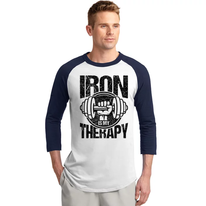 Powerlifting Strong Iron Is My Therapy Fitness Gym Gift Baseball Sleeve Shirt