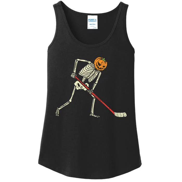 Pumpkin Skeleton Ice Hockey Funny Halloween Sports Player Ladies Essential Tank