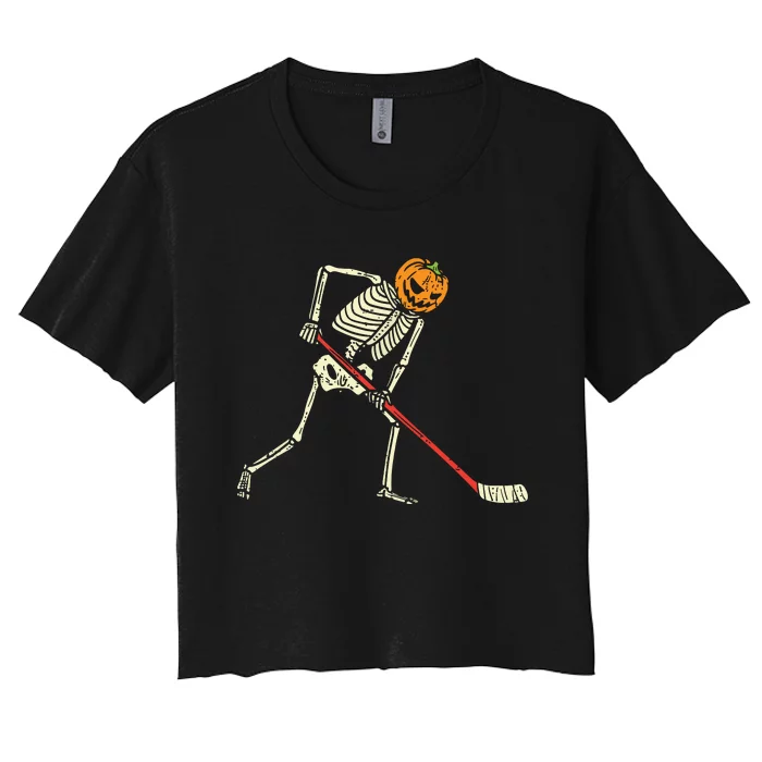 Pumpkin Skeleton Ice Hockey Funny Halloween Sports Player Women's Crop Top Tee