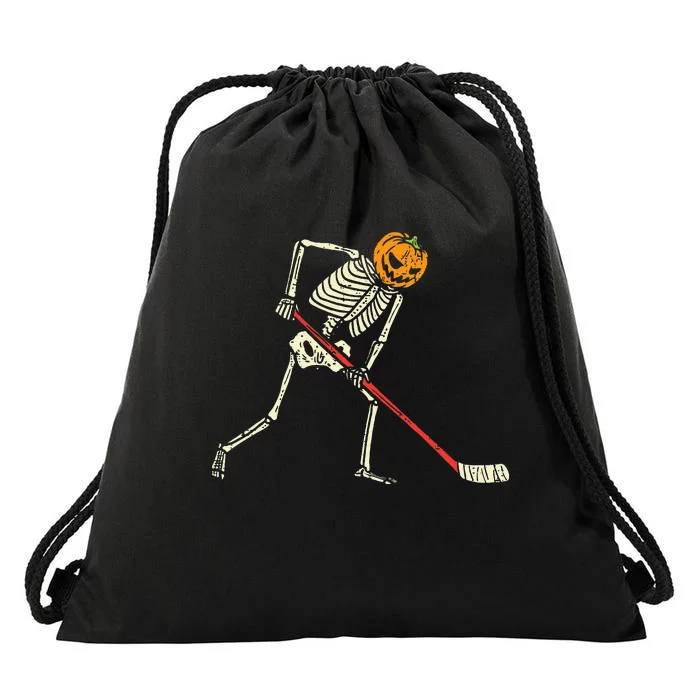 Pumpkin Skeleton Ice Hockey Funny Halloween Sports Player Drawstring Bag