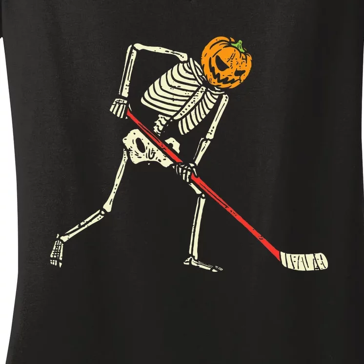 Pumpkin Skeleton Ice Hockey Funny Halloween Sports Player Women's V-Neck T-Shirt